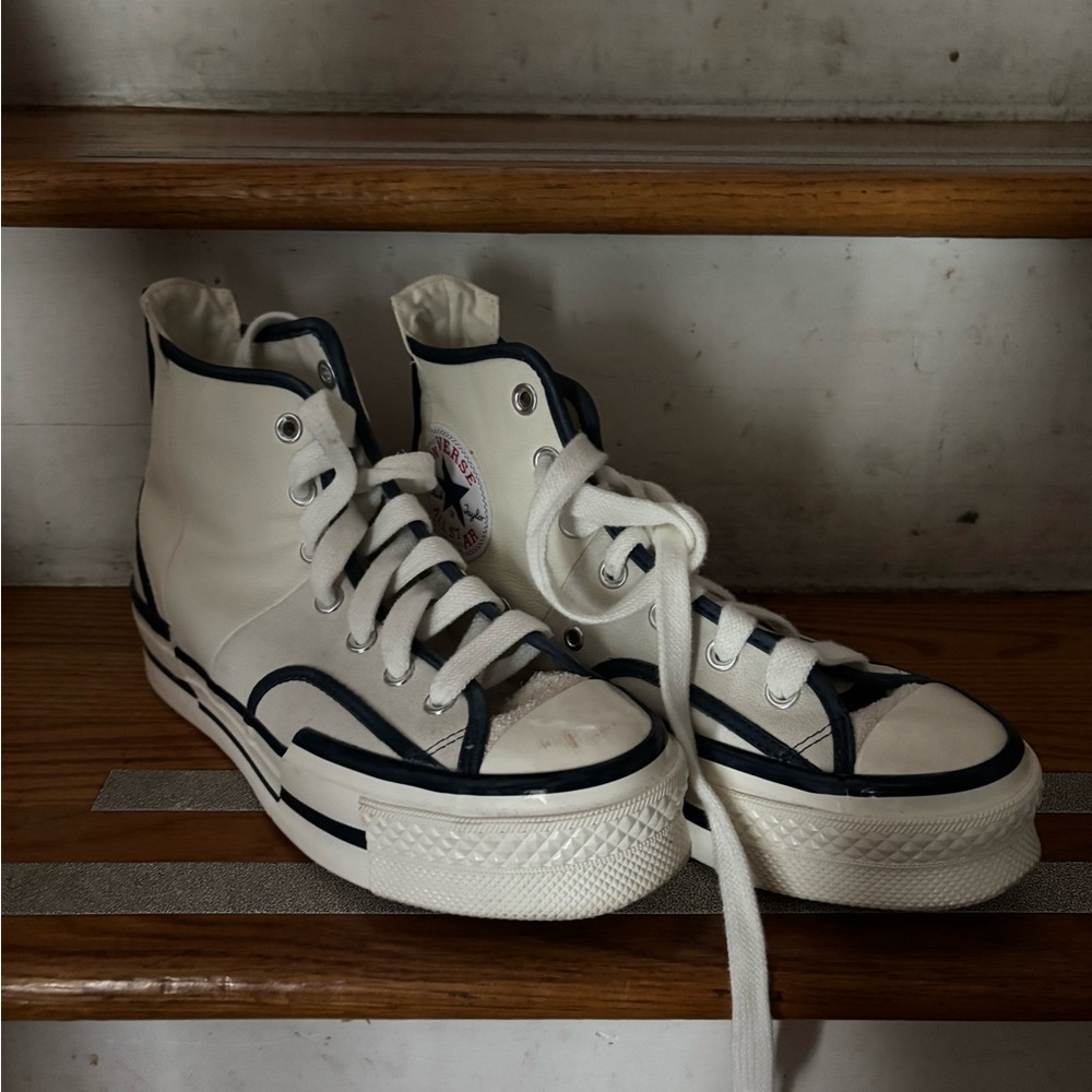 White Leather Converse with Navy Piping